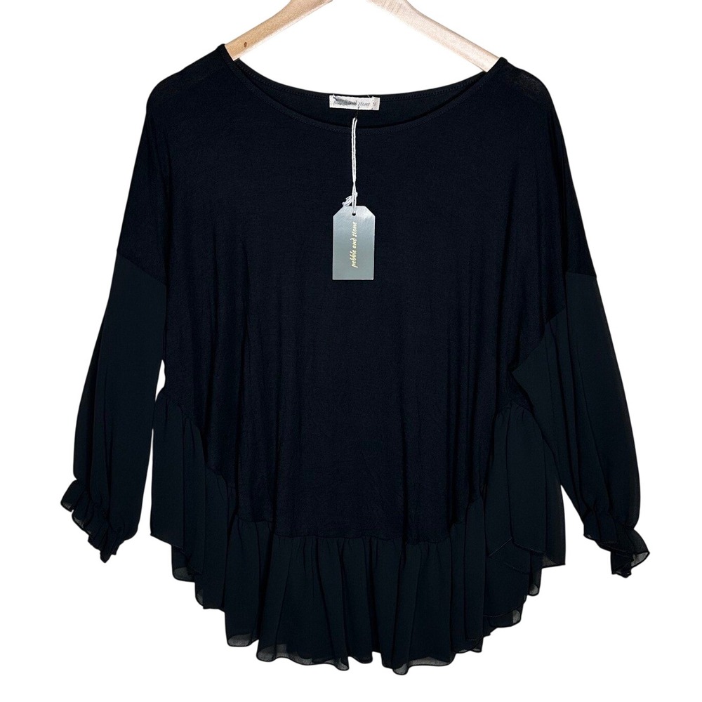 NWT Pebble and Stone Women's Long Sleeve Ruffle Hem Blouse size SmalL Black